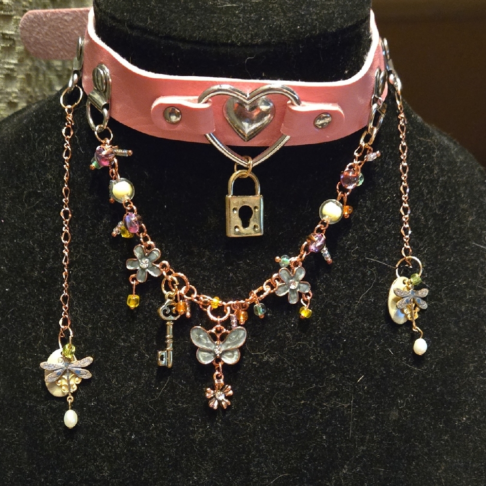 Charming Pink Heart Lock Necklace with Floral Charms